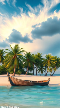 Tropical beach with palm trees and wooden boat at sunset.の写真素材
