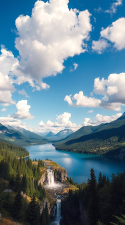 Mountain lake and blue sky with white clouds. Beautiful summer landscape.の写真素材