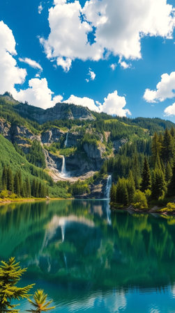 Beautiful view of the mountain lake with a waterfall in the backgroundの写真素材