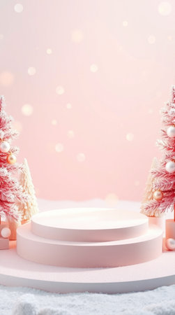 3d render of white podium with christmas tree and bokeh background.の写真素材