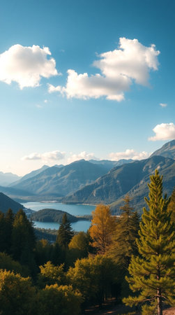 Mountains and lake in the autumn season. Beautiful landscape with mountains and lake.の写真素材