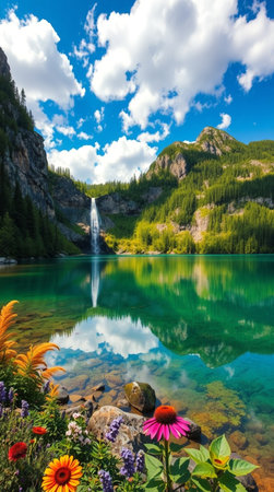 Mountain lake in Dolomites, Italy. Beautiful summer landscapeの写真素材