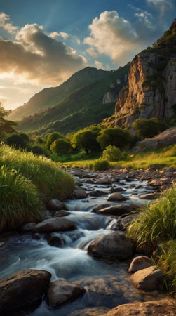 Mountain river at sunset. Beautiful summer landscape with mountain river.の写真素材