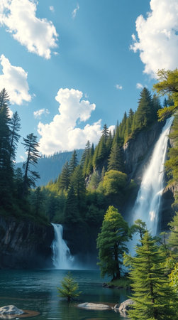 Waterfall in the mountains on a background of blue sky with cloudsの写真素材