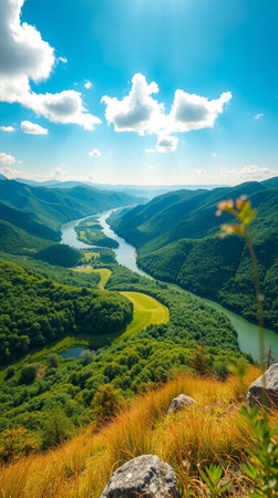 Beautiful summer landscape with river and mountains under blue sky with cloudsの写真素材