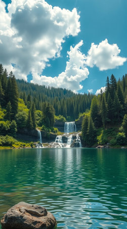 Waterfall in the mountains. Beautiful summer landscape. Mountain lake.の写真素材