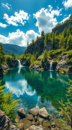 Beautiful view of a landscape with waterfalls and a serene lake