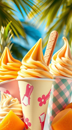 Fruit ice cream with waffle cones and mango on blue background