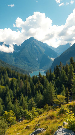 Panoramic view of alpine landscape with lake and high mountains