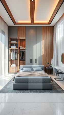 Luxury bedroom interior design with wooden bed and wardrobe. 3d renderingの写真素材