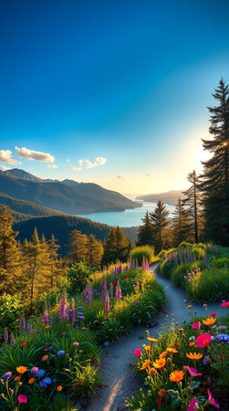 Beautiful alpine landscape with blooming meadow and flowers at sunrise.の写真素材