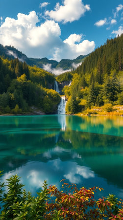Beautiful mountain lake with a waterfall in the alpsの写真素材