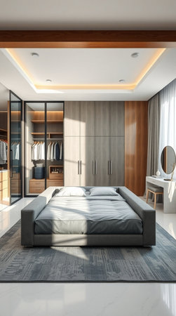 Interior of a modern bedroom, double bed and wardrobe. Nobody inside