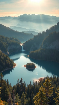 Panoramic view of emerald lake in mountains at sunrise.の写真素材