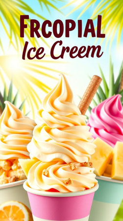 Fruit ice cream in paper cups on tropical background. 3d illustrationの写真素材