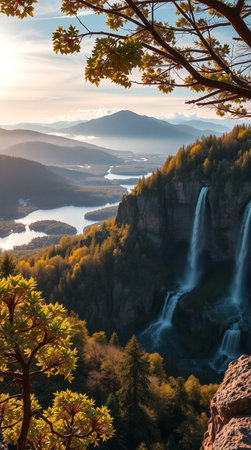 Mountain landscape with waterfalls at sunset. Ukraine, Europe.の写真素材