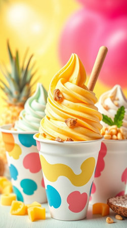 Delicious ice cream in paper cups on table on bright background, closeupの写真素材