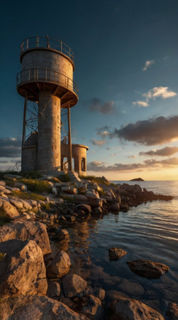 Sunset at the lighthouse in the sea of Constance, Germanyの写真素材