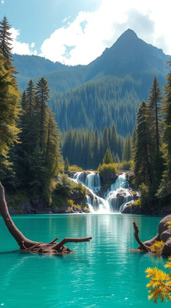 Beautiful turquoise mountain lake with a waterfall in the backgroundの写真素材