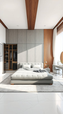 Interior of modern bedroom with white and wooden walls, tiled floor, comfortable master bed and...