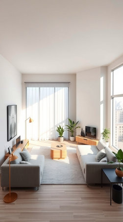 Interior of living room with white walls, wooden floor, comfortable sofa and tv on the wall. 3d...