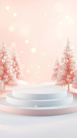 3d render, abstract winter background with podiums and christmas treesの写真素材