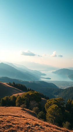 Mountain landscape at sunset. View from the top of the mountain.の写真素材