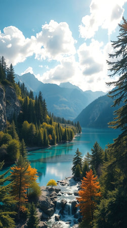 Beautiful mountain lake with clear turquoise water and autumn forest.の写真素材