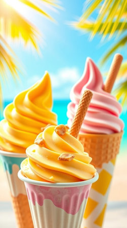 Delicious ice cream cones on beach, closeup. Summer vacation