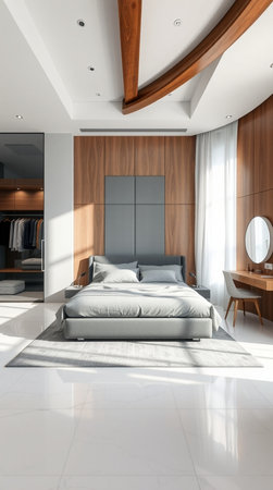Interior of a modern bedroom with a large bed and a wardrobe