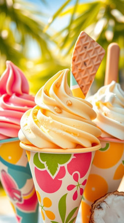 Colorful ice cream in a paper cup on the background of palm trees