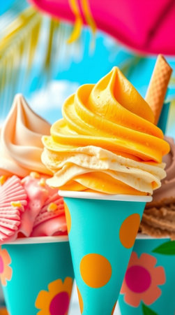 Colorful ice cream cones on a blue background. Summer concept.