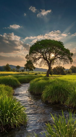 Lonely tree in the rice field at sunset. Nature backgroundの写真素材