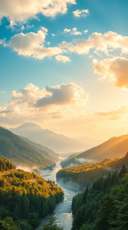 Mountain landscape with river and forest at sunset. Nature background.
