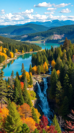 Autumn alpine landscape with colorful forest, lake and waterfall in mountainsの写真素材