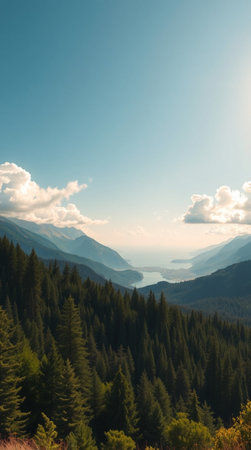 Mountain landscape with coniferous forest and lake. Toned.の写真素材