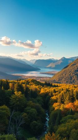 Beautiful autumn landscape with mountain river and forest on blue sky backgroundの写真素材