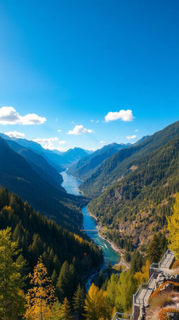 Mountain landscape with a view of the river and the mountains.