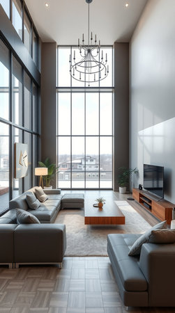 Interior of modern living room with gray sofa and tv 3d render