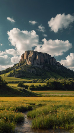 Landscape with a mountain in the middle of a green meadowの写真素材