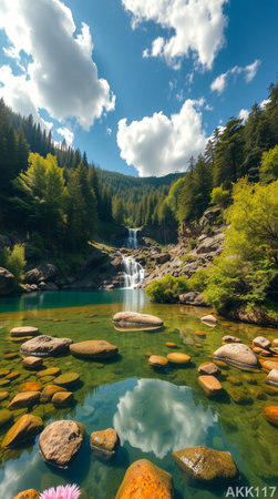 Mountain lake with waterfall in the Carpathian mountains, Ukraineの写真素材