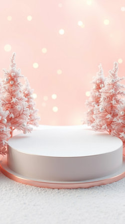 3d render of podium for product presentation with winter forest and snowflakesの写真素材