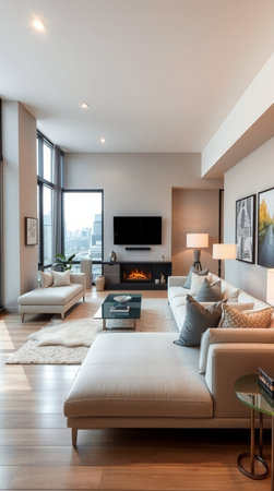 interior of a modern apartment, living room with fireplace and tv