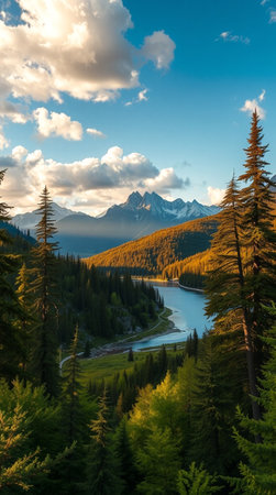 Beautiful alpine landscape with mountain lake and forest at sunset.
