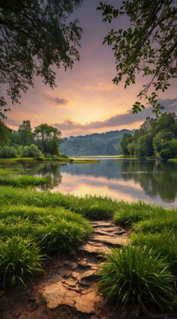 Beautiful landscape with lake and trees at sunset in the park.