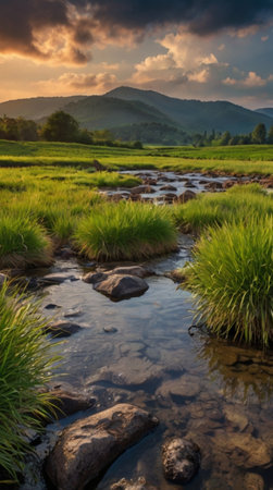 Rice field at sunset.の写真素材