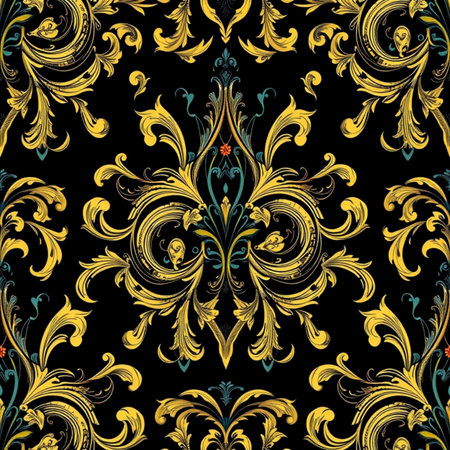 Seamless pattern with gold floral ornament on black background. Vector illustration.の写真素材