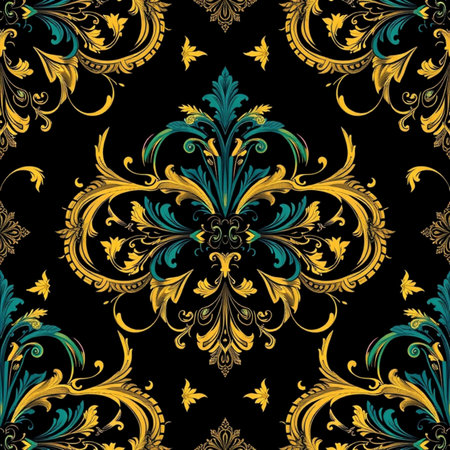 Seamless pattern with gold and blue floral ornament on black background