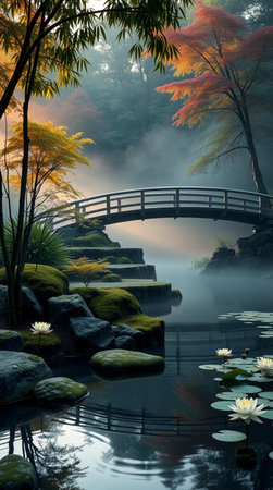Landscape of a beautiful Japanese garden with a bridge and a pondの写真素材