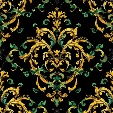 Seamless vintage baroque floral pattern in gold and blackの写真素材